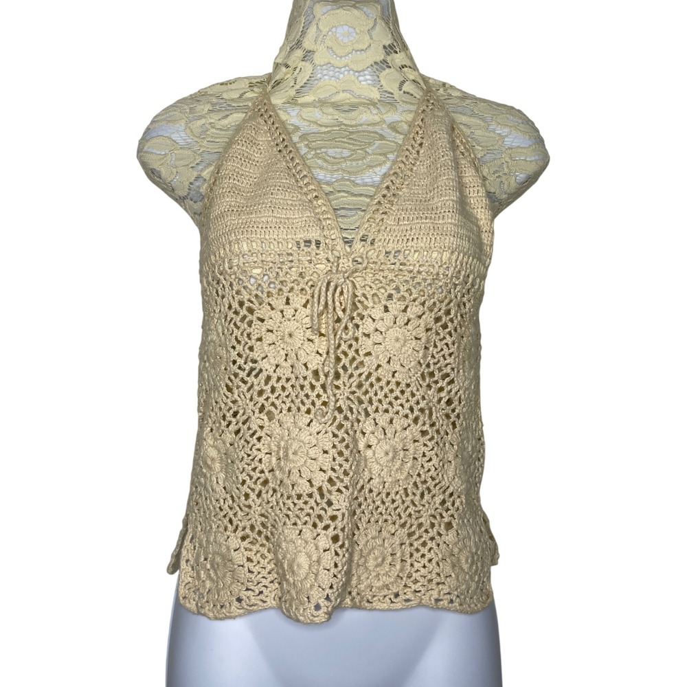 Esprit Halter Top Womens Small Cream Crochet Boho Granny Square Hippie Y2K